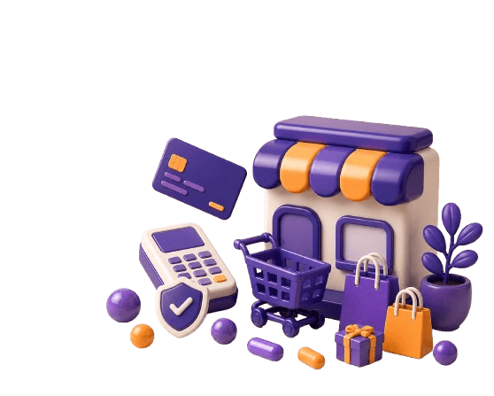 Illustration of a CartQ storefront with cart, payment terminal and shopping bags